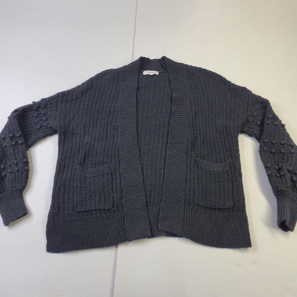 Madewell Cardigan Sweater Womens XS Gray Pom Pom Sleeve Open Knit Pockets
